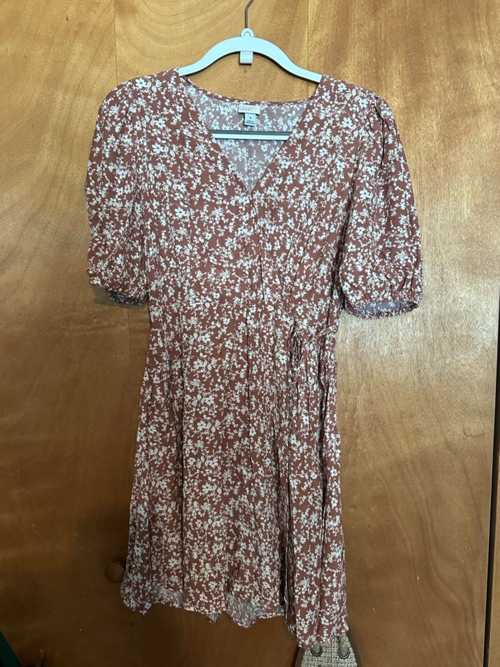 a new day Rust Floral Short Wrap Dress with Puff Sleeves